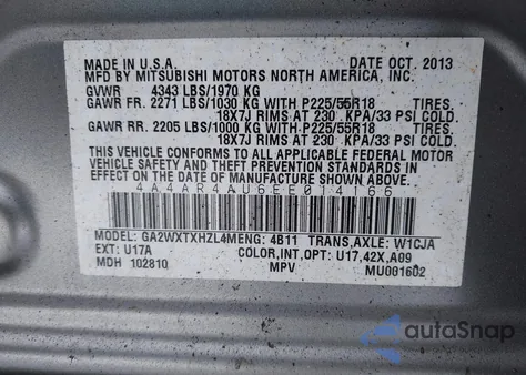 2014 Mitsubishi Outlander Sport Se z USA, uszkodzony, nr VIN 4A4AR4AU6EE014166